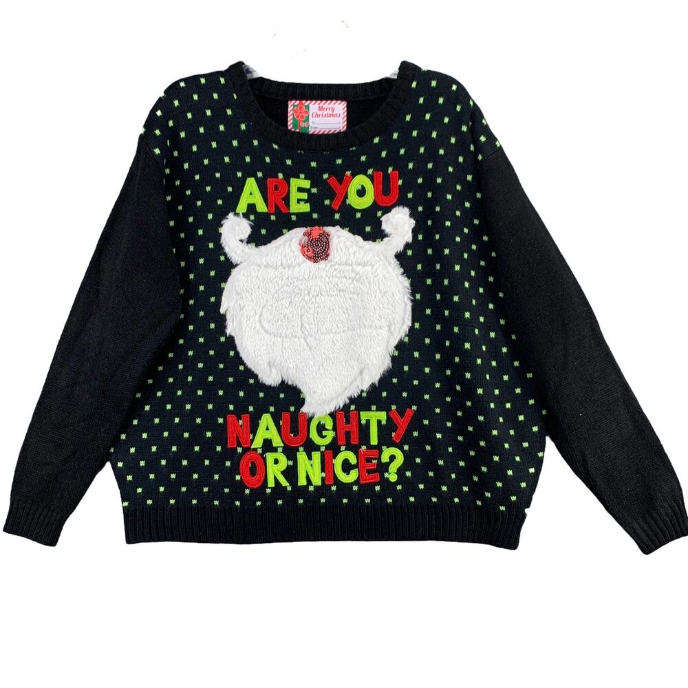 Ugly Christmas Sweater Are You Naughty or Nice Sequin Furry Women Black Size XXL